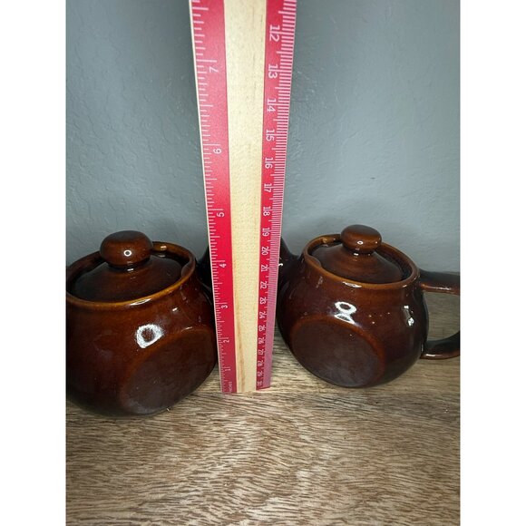 Vintage 1950s Brown Drip Glaze Personal Tea Pots With Lids - Set Of 2 - Made In - Picture 5 of 15